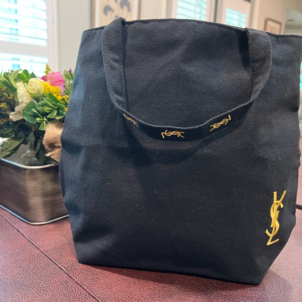 YSL Yves Saint Laurent Tote Bag Black Gold Embroidery Logo